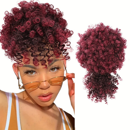 Afro Puff Drawstring Ponytail with Kinky Curly Hair Clip in Bangs Short Synthetic Hair Extensions Updo Hairpieces for Women