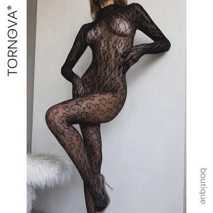 Tornova Sexy Lingerie Jumpsuit Women's Leopard Print Backless Mesh Onesie Silk Stockings Hollow Out See-through Onesie Underwear