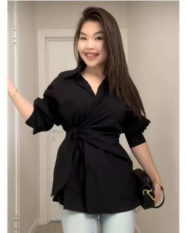 Women's New Shirt Side Waist Tie Slim Fit Casual Long Sleeve Solid Shirt 2026 New Collection Autumn Fashion Loose Ropa Mujer