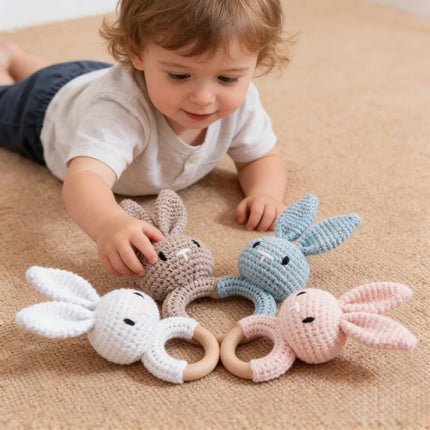 Wooden Baby Rattle Toy Handmade Crochet Sensory Toy for Newborn 0-3 Months,  Rabbit Rattle Toys Baby Gift Travel Accessories
