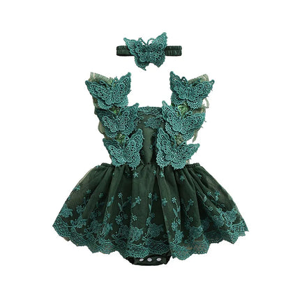Infant Baby Girls Princess Rompers Dress Lace Butterfly Fly Sleeve Mesh Skirt Hem Jumpsuits with Headband Birthday Party Outfit