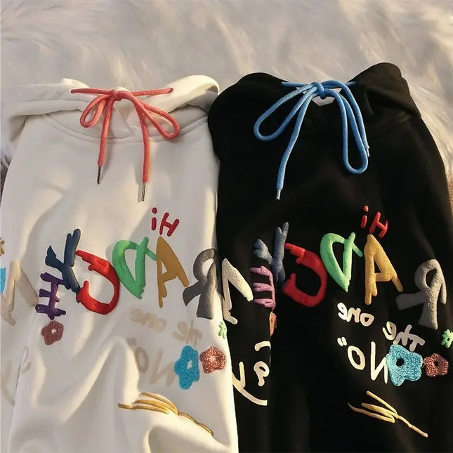 Oversize Hooded Sweater Women Vintage Loose Design Sense Colorful Letter Pullover Hoodies Size L - 4XL