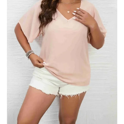 Plus Size 1XL-5XL Women's Solid Color  Short Sleeve Blouse V Neck Bell Sleeve Blouse Casual Pullovers Shirt Top