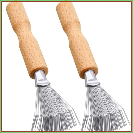 2-Piece Mini Hair Dirt Remover Brush with Metal Wire Rake, Wooden Handle for Home & Salon