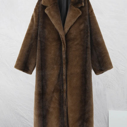 Women Solid Faux Fur Long Coat Lapel Long Sleeve Fluffy Luxury Loose Casual Outerwear 2025 Fashion Winter High Street Outerwear