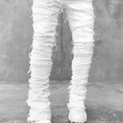 Streetwise Stretch Patch Jeans For Men Bottom Baggy Men's Clothing Summer Solid New Fashion Mid Waist Patchwork Long Pants Male