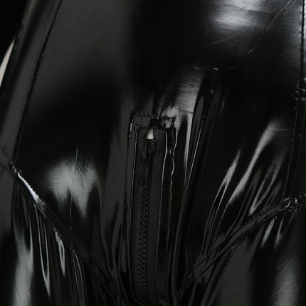 Womens Faux Leather Full Body Bodysuit Wet Look Gloved Sleeve Double-end Zipper Openable Crotch Latex Catsuit Unitard Clubwear