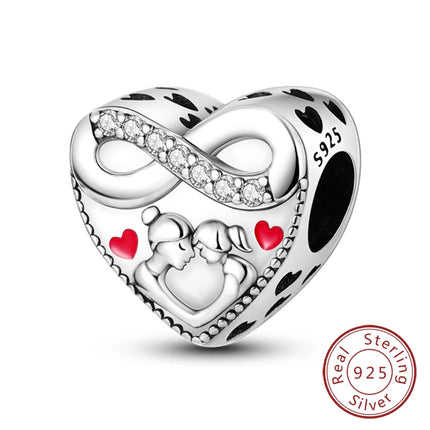 Original 925 Sterling Silver Charm Beads Love Heart Family Charms Pendant Fit Bracelet Charm Women DIY Jewelry Gift
