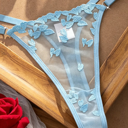 French Style Blue Lace Bra and Panties Set Women Sexy Eyelash Lace Underwear Transparent Mesh Two Piece Lingerie