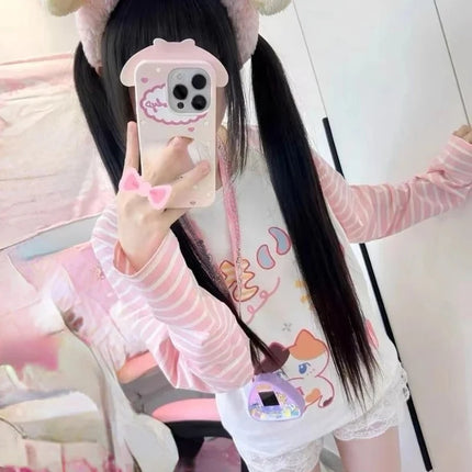 Japanese Patchwork Pink Stripe Casual T-shirt Y2k Cartoon Print Tees Women Harajuku Tops Grunge Kawaii Cute Aesthetic Tshirts