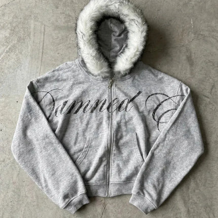 Y2K Retro Gothic Fur Collar Zipper Hoodie Women Trendy Brand Clothing Suit Harajuku Fashion Loose Oversized Sweatpants Men