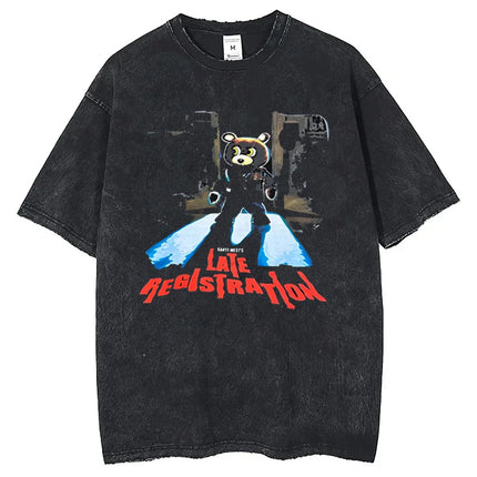 Rapper Kanye West Late Registration Tour 2005 Vintage Men's Short Sleeve Tee Washing T-Shirt Hip Hop Streetwear T-shirts