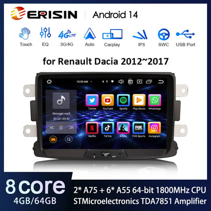 Erisin ES8529D 8" Android 14 Car Stereo For Renault Dacia Duster Logan Sandero Dokker Radio GPS Sat CarPlay Auto 4G WiFi DSP IPS