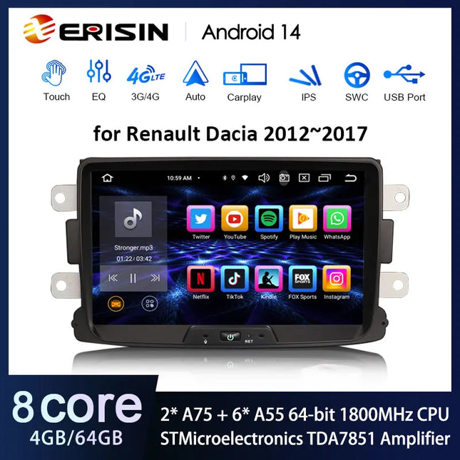 Erisin ES8529D 8" Android 14 Car Stereo for Renault Dacia Duster Logan Sandero Dokker Radio GPS Sat CarPlay Auto 4G WiFi DSP IPS