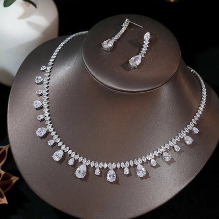 ASNORA-White Cubic Zirconia Necklace and Earrings for Women, Elegant, Party Jewelry, Bride, Wedding, Bridesmaid Gifts, 2Pcs