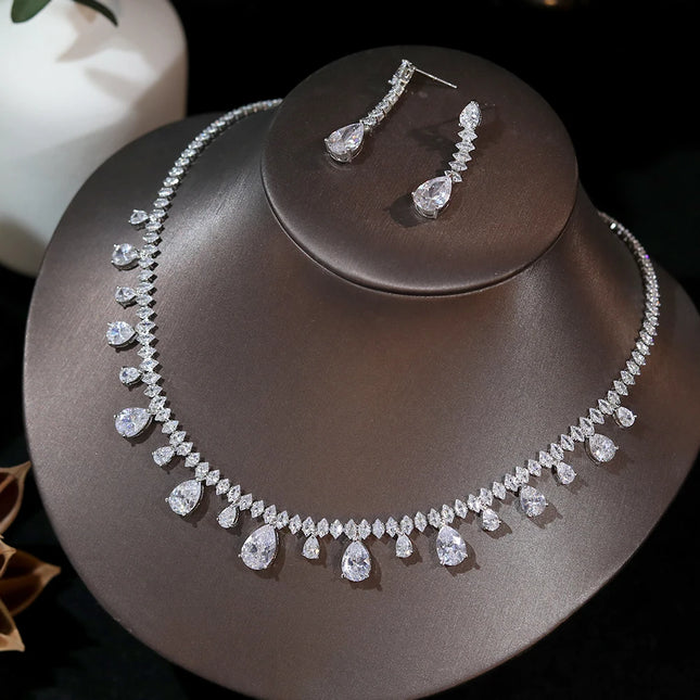 ASNORA-White Cubic Zirconia Necklace and Earrings for Women, Elegant, Party Jewelry, Bride, Wedding, Bridesmaid Gifts, 2Pcs
