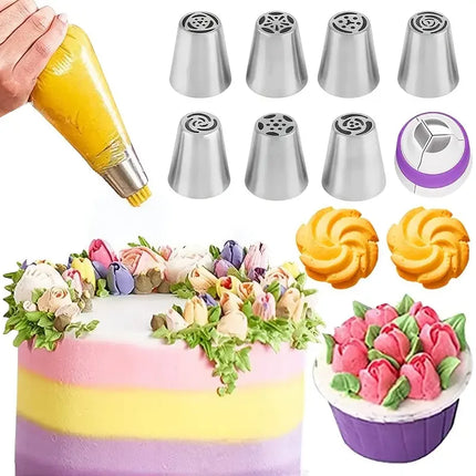 13PCS Russian Piping Tips Set Cake Decorating Kit- 7 Flower Nozzles,EVA Bag & Tools - for DIY Cake Puff Decoration Baking Tools