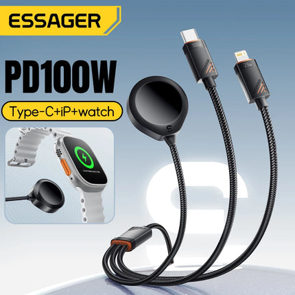 Essager 3 in 1 100W Multi USB C Charging Cable for Apple iWatch iPhone 16/15/14/13 Pro With Type C Lightning Fast Charging Cable
