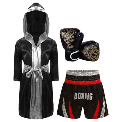 Boys Girls Halloween Carnival Boxer Cosplay Costume Boxing Robe Outfit Long Sleeve Satin Pugilism Hooded Cloak with Belt Shorts