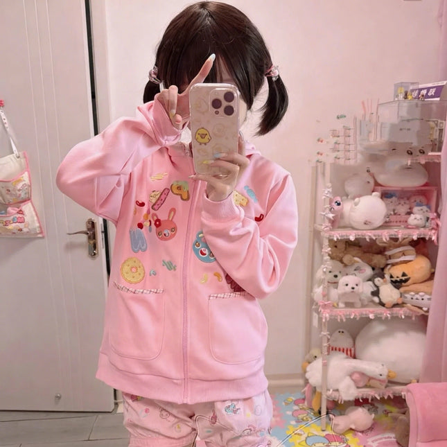 Japanese Sweet Girl Sweatshirts Cartoon Print  Zip-Up Hoodie Shorts Coat Kawaii Cute Daily Casual Subculture Women Outfit