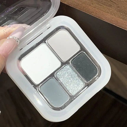 5-Color Punk Smokey Eye Makeup Eyeshadow Palette Silvery White Cement Gray Dark Black Matte & Shimmer Lasting Party Makeup
