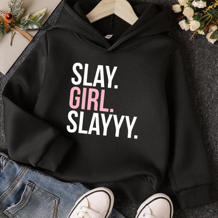 Girls Fashion Hooded Sweatshirt Casual Style Casual Long Sleeve Pullover with Kangaroo Pockets Fashionable Letter Cartoon Print