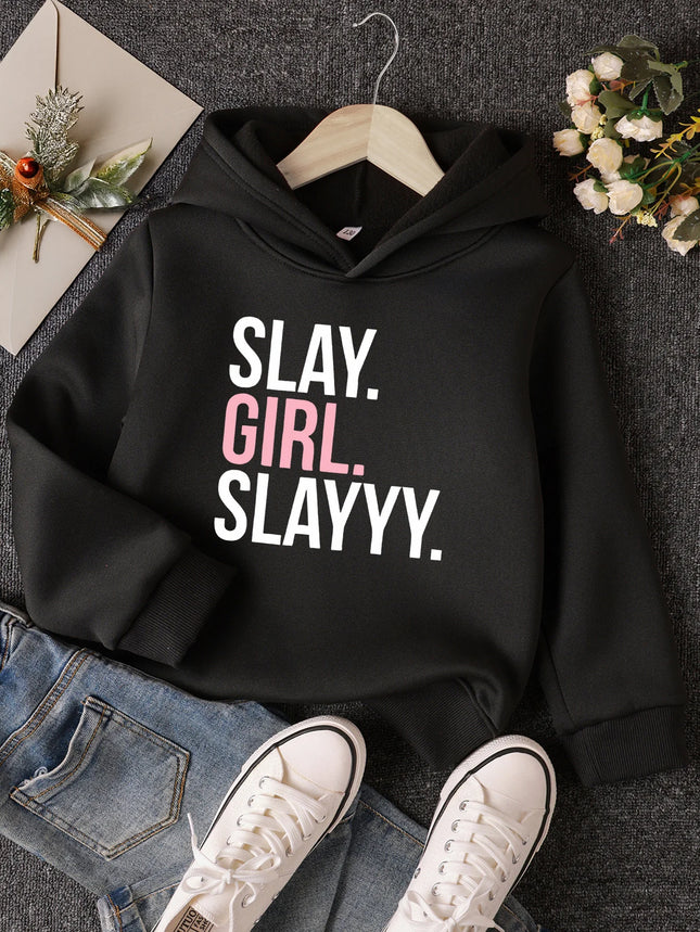 Girls Fashion Hooded Sweatshirt Casual Style Casual Long Sleeve Pullover with Kangaroo Pockets Fashionable Letter Cartoon Print