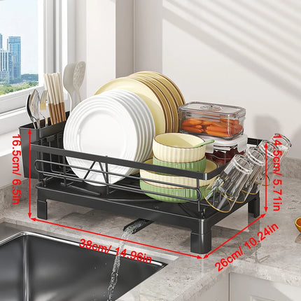 Metal Dish Drying Rack with Cup & Utensil Holders, Large Capacity Space-Saving Kitchen Sink Organizer