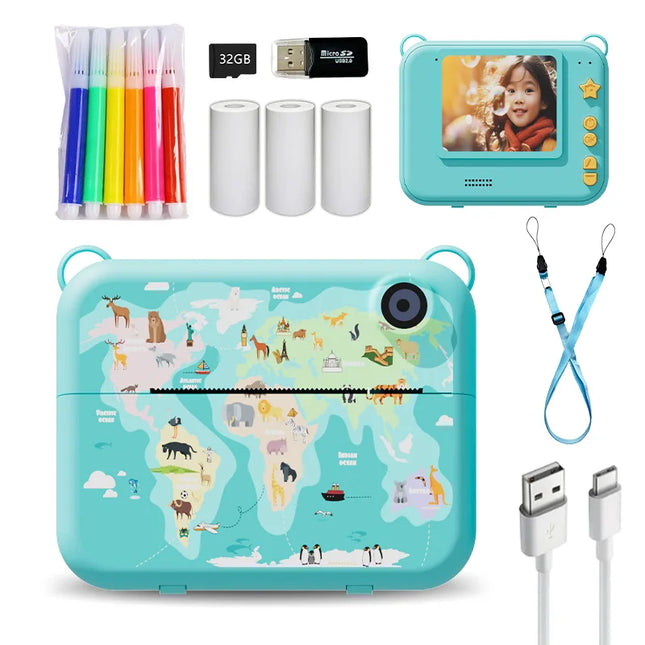 Children's printable camera with 32 GB TF card, photo & video & games, dual cameras, flash, perfect gift for boys and girls