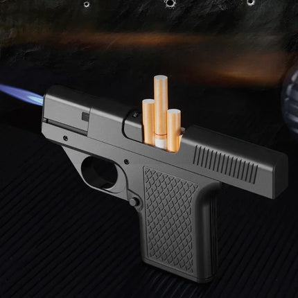 Capacity 10PCS Pistol Style Lighters with 3 Cigarette Case Jet Blue Flame Gas Lighter Windproof Cigar Lighter Gadgets for Men