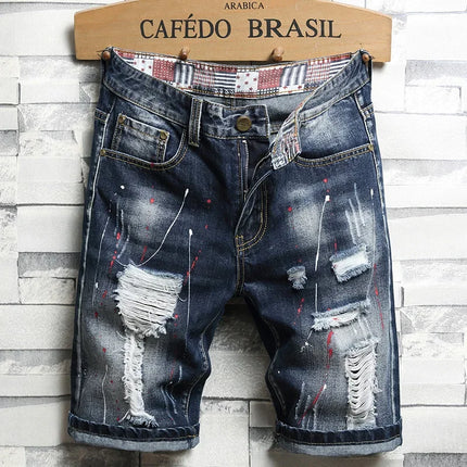 2026 new large size denim shorts retro ripped slim men's five quarter pants with cloth medium pants ripped jeans