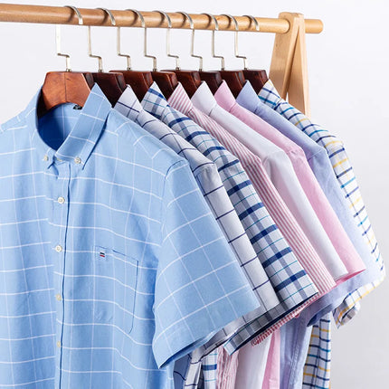 New 100% Cotton Oxford Men's Shirts Short Sleeve Plaid Soft Regular Fit Formal Dress Shirt Social Blouse Male Clothes 6XL 7XL