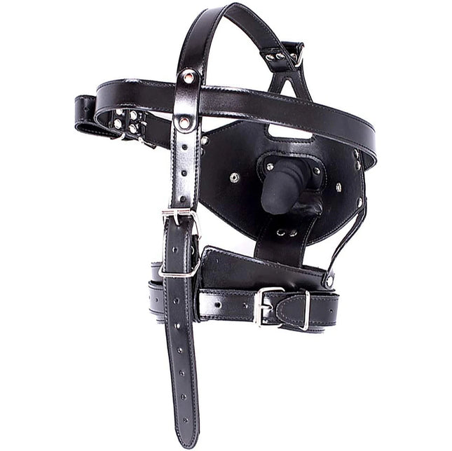 PU Leather Hood Bondage Head Mask Harness with Detachable Penis Mouth Gag Head Hood Mask BDSM Restraint
