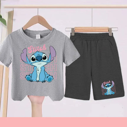 Kids Disney Stitch Print Summer Cute Breathable Tees + Shorts 2pcs 3-12 Years Boy Girls Round-neck Set Children Leisure Clothing