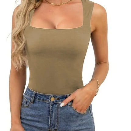Sexy Slimming T-Shirts for Women Fashion Square Neck Sleeveless Tops Harajuku Tanks Woman Clothes Casual Top Tees Streetwear