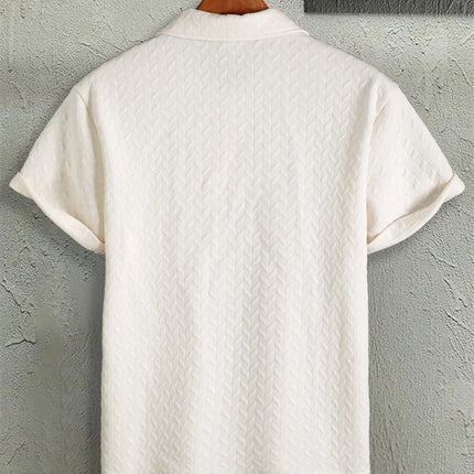 Men's Herringbone Jacquard Texture Polo Shirt with a Turn-Down Collar, Short Sleeves, Button Placket, and Knitted Top. Suitable for a Mature and Professional Look, Summer Casual Wear for Men