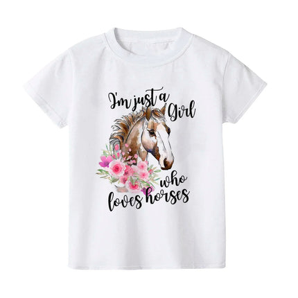 Just A Girl Who Loves Horses Print Kids T-shirt Toddler Short Sleeve Shirt Girls Cute Casual Clothes Children Summer Tee