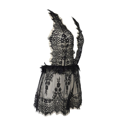 Black Nightgown For Women Deep V-Neck Hollow Out Eyelash Lace Sexy Lingerie Sleepwear Women's Backless See-Through Nightdress