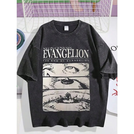 New Century Evangelion EVA Anime Printed Four Seasons Vintage Cotton Washed T-shirt Harajuku Men's Top
