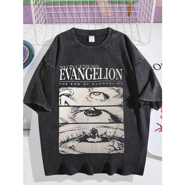 New Century Evangelion EVA Anime Printed Four Seasons Vintage Cotton Washed T-shirt Harajuku Men's Top