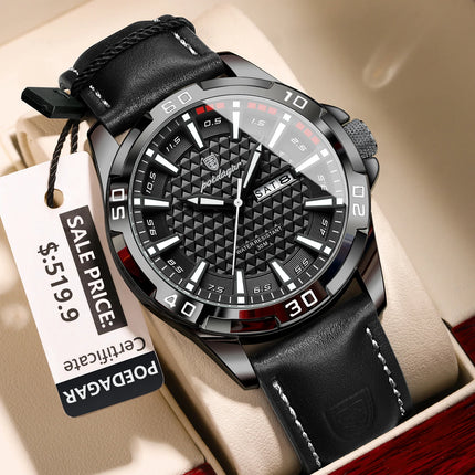 POEDAGAR Original Men's Wristwatch Top Luxury Waterproof Luminous Date Week Watch For Men Quartz Sport Leather Men's Watches Reloj