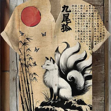 Men's short-sleeved shirt with samurai print and stylish ink painting design, summer casual men's top, trendy retro streetwear.