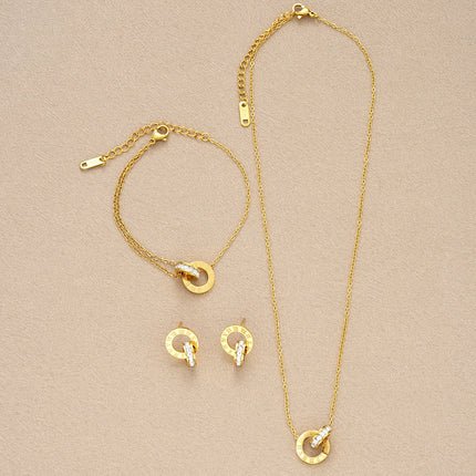 4Pcs/Set Gold Color Stainless Steel Crystal Necklace Bracelet Earrings for Women Interlocking Circles Roman Numbers Jewelry Sets