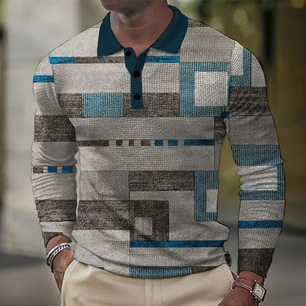 Men's 3D Printed Retro Plaid Pattern Golf Shirt Long Sleeve Polo Shirt Business Casual Formal Button Collar Autumn and Winter