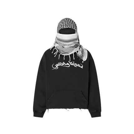 Arab Style Aesthetic Plaid Contrast Scarf Decorative Hoodie Autumn Winter Long Sleeved Letter Printing Loose Street Fashion Coat