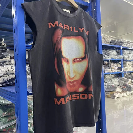 Summer Rock Manson Pattern Print Vintage American High Street Casual Loose Cotton Washed Tank Top Trendy Hip Hop Men Vest
