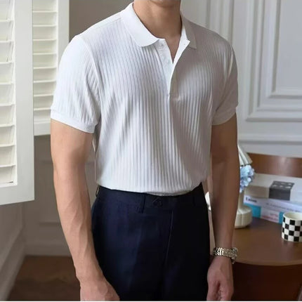 Vertical Stripe Knit Polo Men's Shirts Summer New Slim Solid Color Breathable Turn-Down Collar Business Short Sleeve Polo Tops