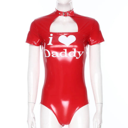 Womens Patent Leather Letter Printed Lingerie Bodysuit Wet Look Front Hollow Out Short Sleeve Openable Crotch Teddy Leotard