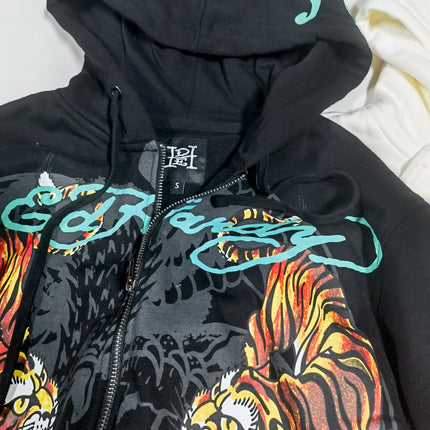 Retro American Rock Print Fleece Lined Hoodie Jacket for Women Punk Street Style Zipper Closure Long Sleeve Oversized Sweatshirt
