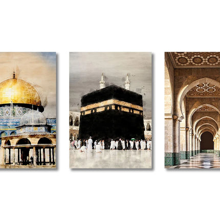 3PCS Ayatul Kursi Quran Islamic Gold Beige Black Canvas Painting Muslim Wall Art Print Picture For Living Room Home Decor